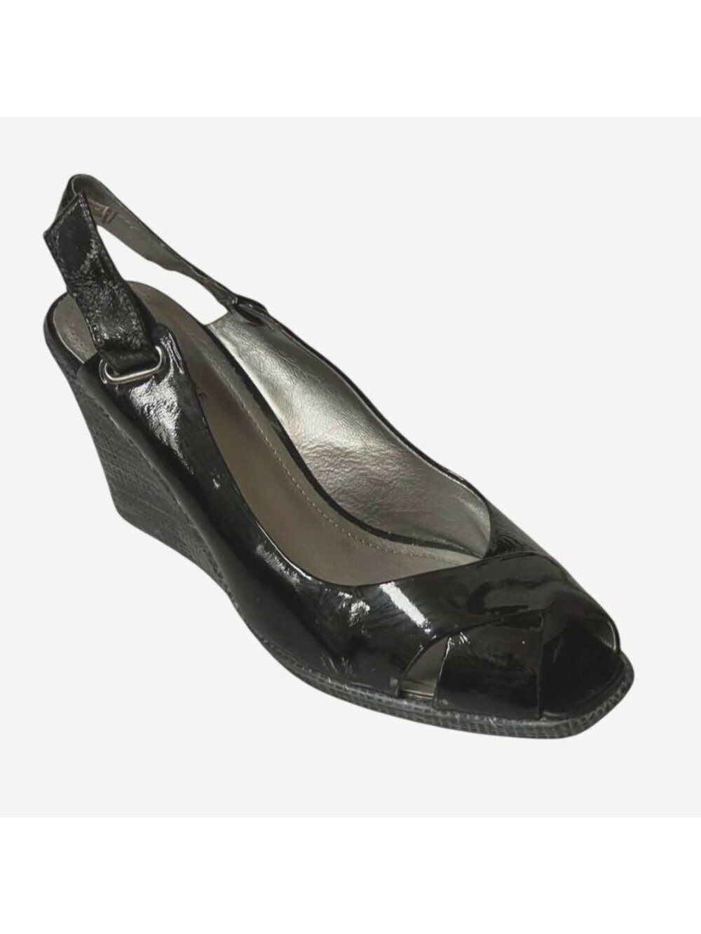 Kenneth Cole Reaction Black Patent Leather Peep Toe Slingback Wedge Heels Womens